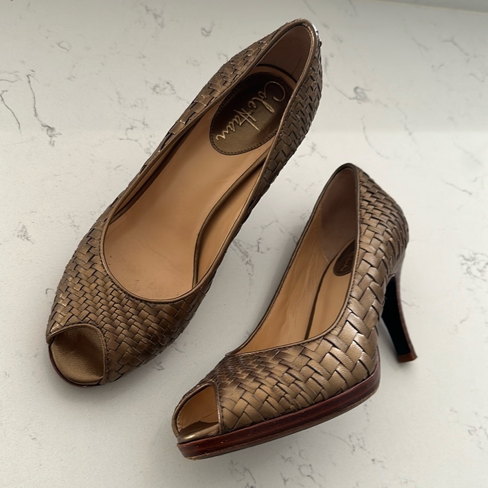 COLE HAAN METALLIC BRONZE LEATHER SHOES HEELS 6.5 Nike Air sole peep toes